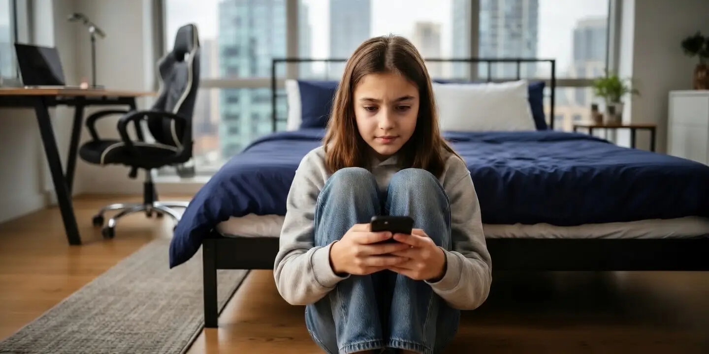 Verzweifeltes junges Mädchen scrollt gestresst und müde auf dem Smartphone – Symbol für die negativen Auswirkungen von Doomscrolling, Reels und Shorts auf Konzentration, Schlaf und mentale Gesundheit bei Jugendlichen