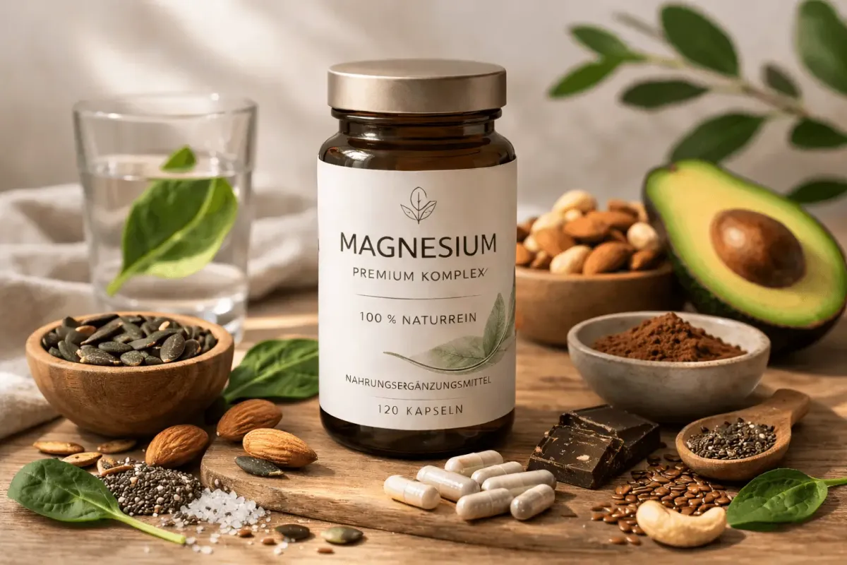 Verschiedene Magnesium Formen Kapseln und Lebensmittel