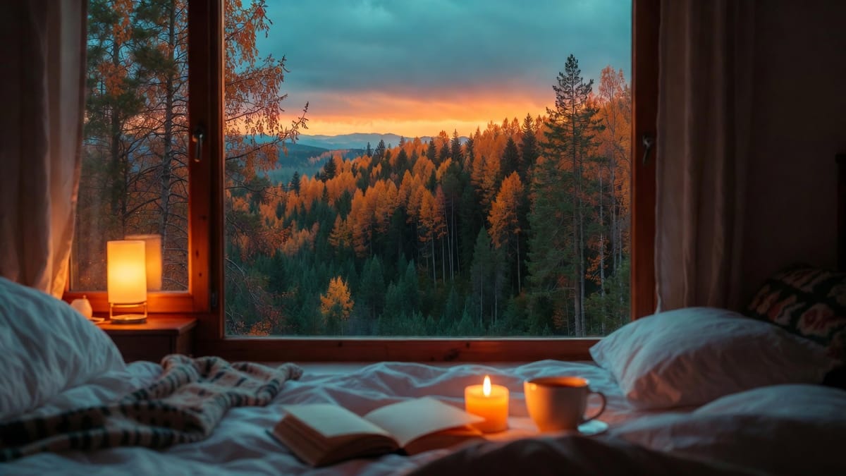 Kerze, Kräutertee und ein aufgeschlagenes Buch auf einer Fensterbank, dahinter herbstlicher Wald in der Abendsonne